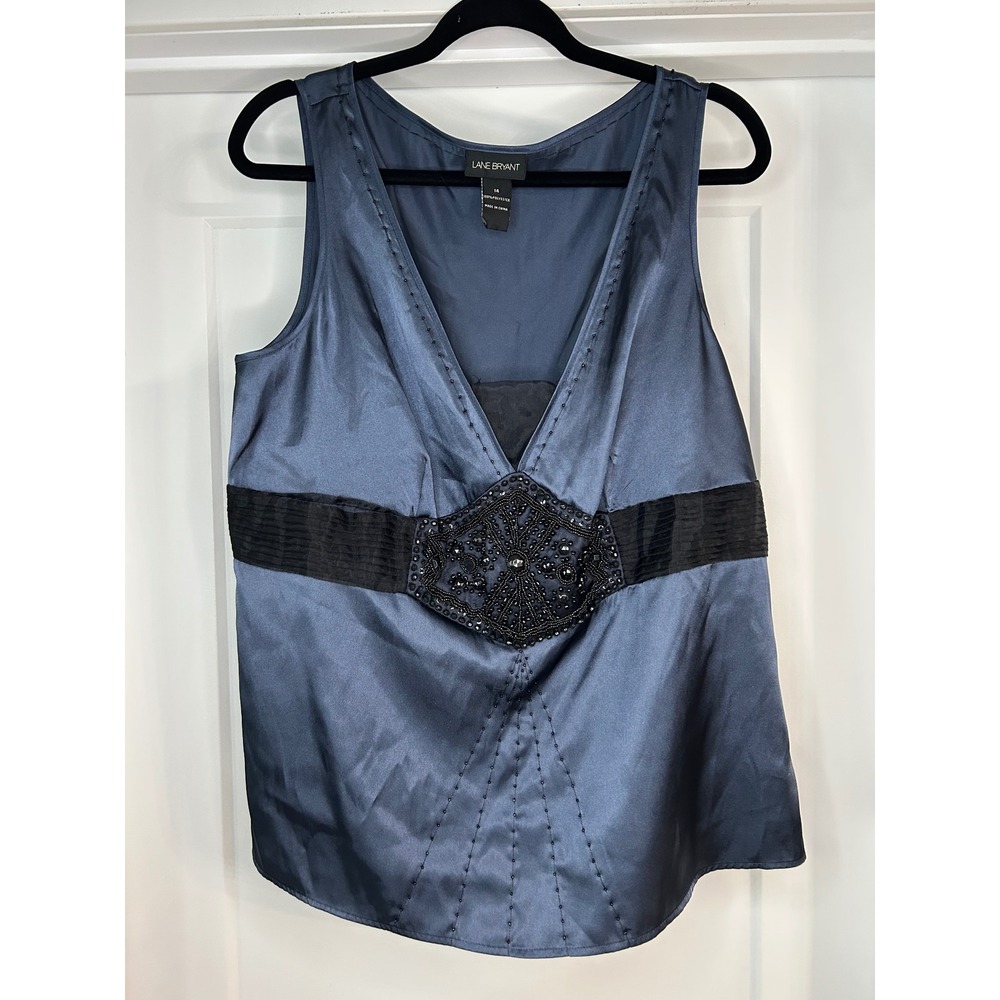 Lane Bryant Women 14 Blue Satin Beaded Empire Waist V-Neck Sleeveless Blouse Top